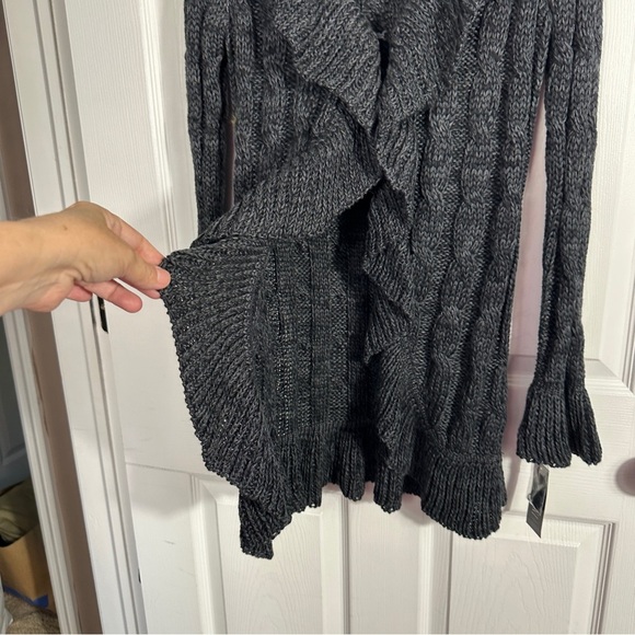 NEW INC Petite chunky knit gray sweater, size SP, cable, ruffle, layer, fall - Picture 7 of 10